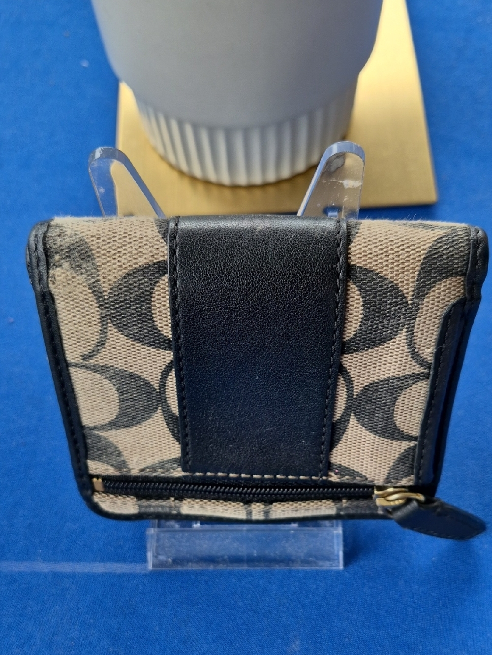 COACH SIGNATURE C JACQUARD & LEATHER Bi-Fold Snap Wallet 🎀 BLACK & TAN 🖤 GUC - Picture 3 of 12